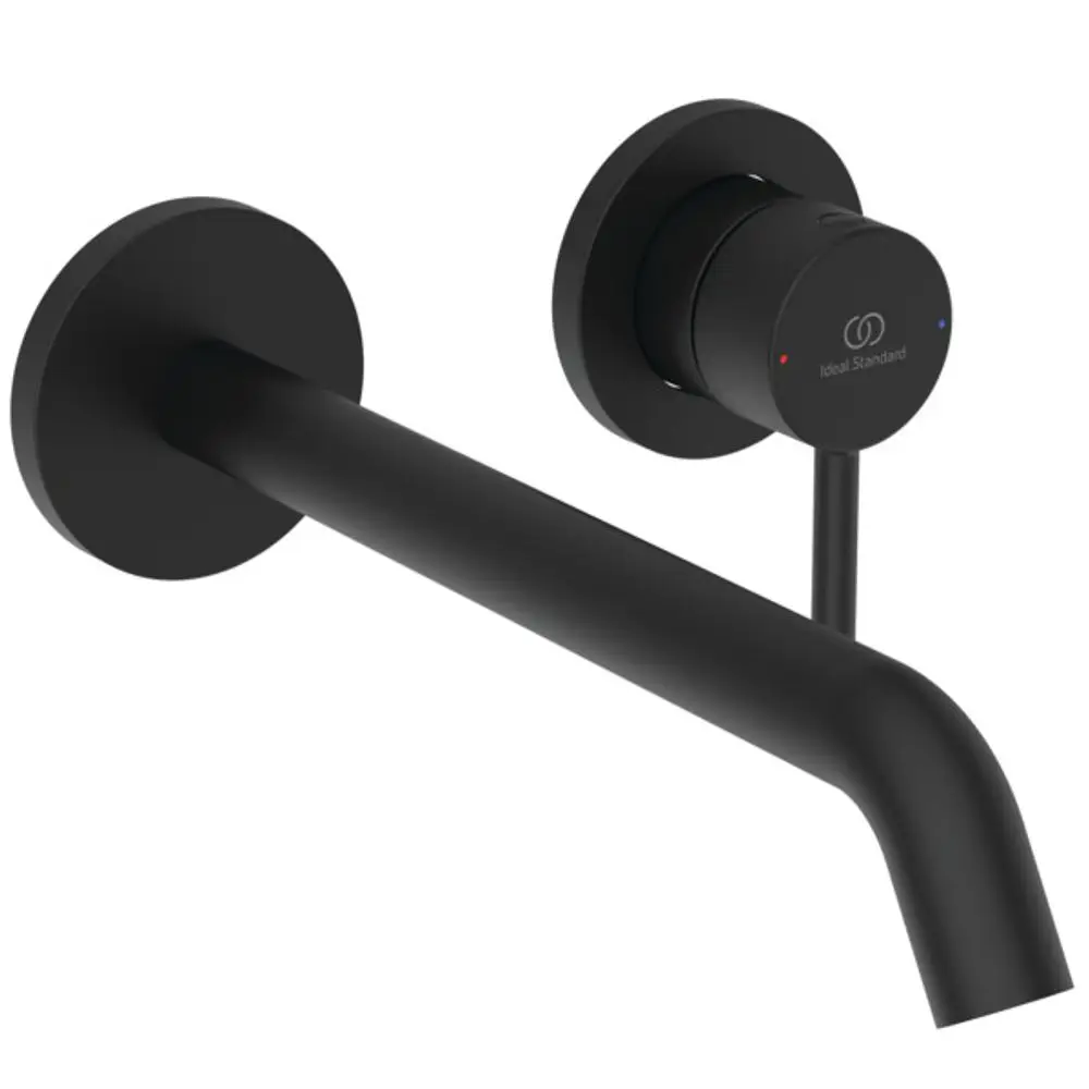 Wandarmatur in Schwarz von Ideal Standard mit einem geraden Auslauf und einem runden Bedienknopf für Temperatur- und Wasserflussregelung.